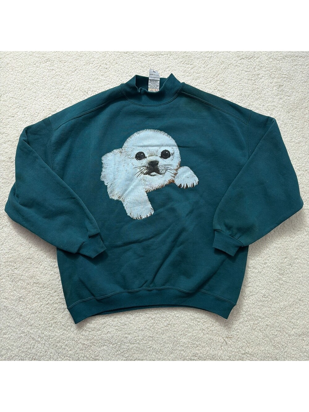 Vintage Russell Made USA Seal Graphic Sweatshirt Teal Mock Neck XL Nature '80s